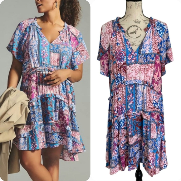 Anthropologie Dresses & Skirts - By Anthropologie Robin Tiered Mini Dress L Boho Floral Festival Flowy Patchwork